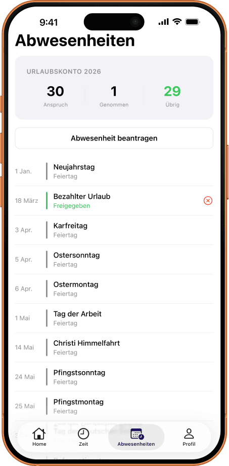 Stampfactory App Abwesenheitsverwaltung mit Urlaubskonto