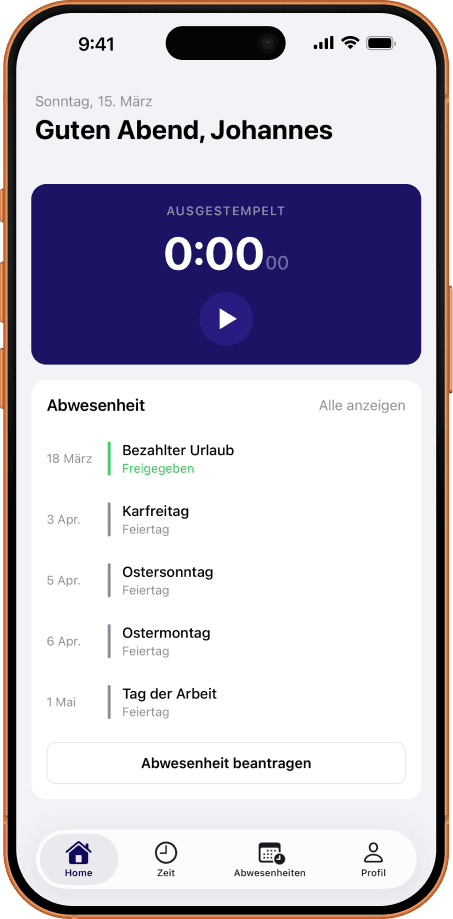 Stampfactory App Startbildschirm mit Stempeluhr und Abwesenheitsübersicht