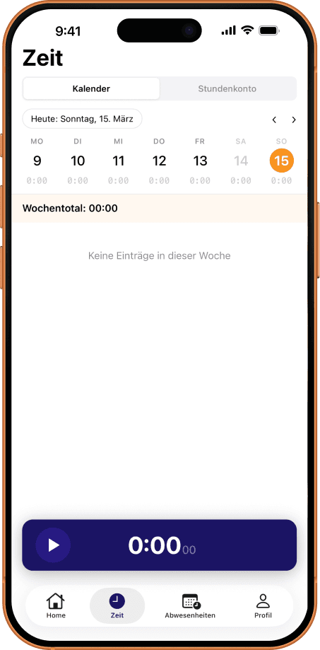 Stampfactory App Zeitübersicht mit Kalender und Stundenkonto